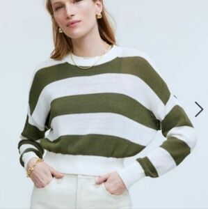 Madewell Green and White Striped Knit Sweater NWT S